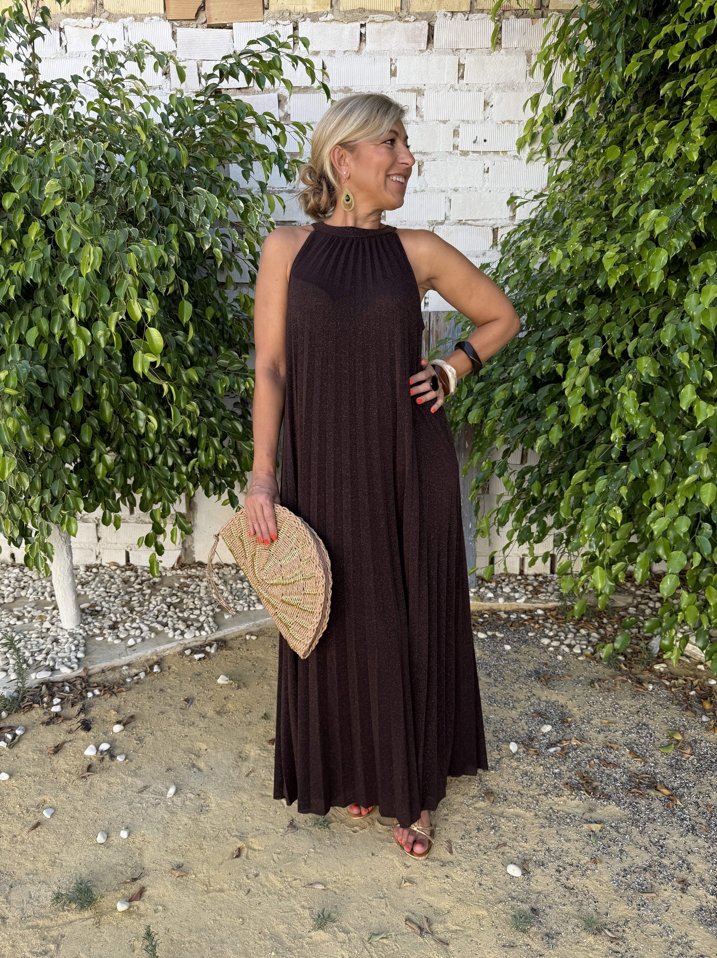 VESTIDO HALTER PLISADO BRILLO