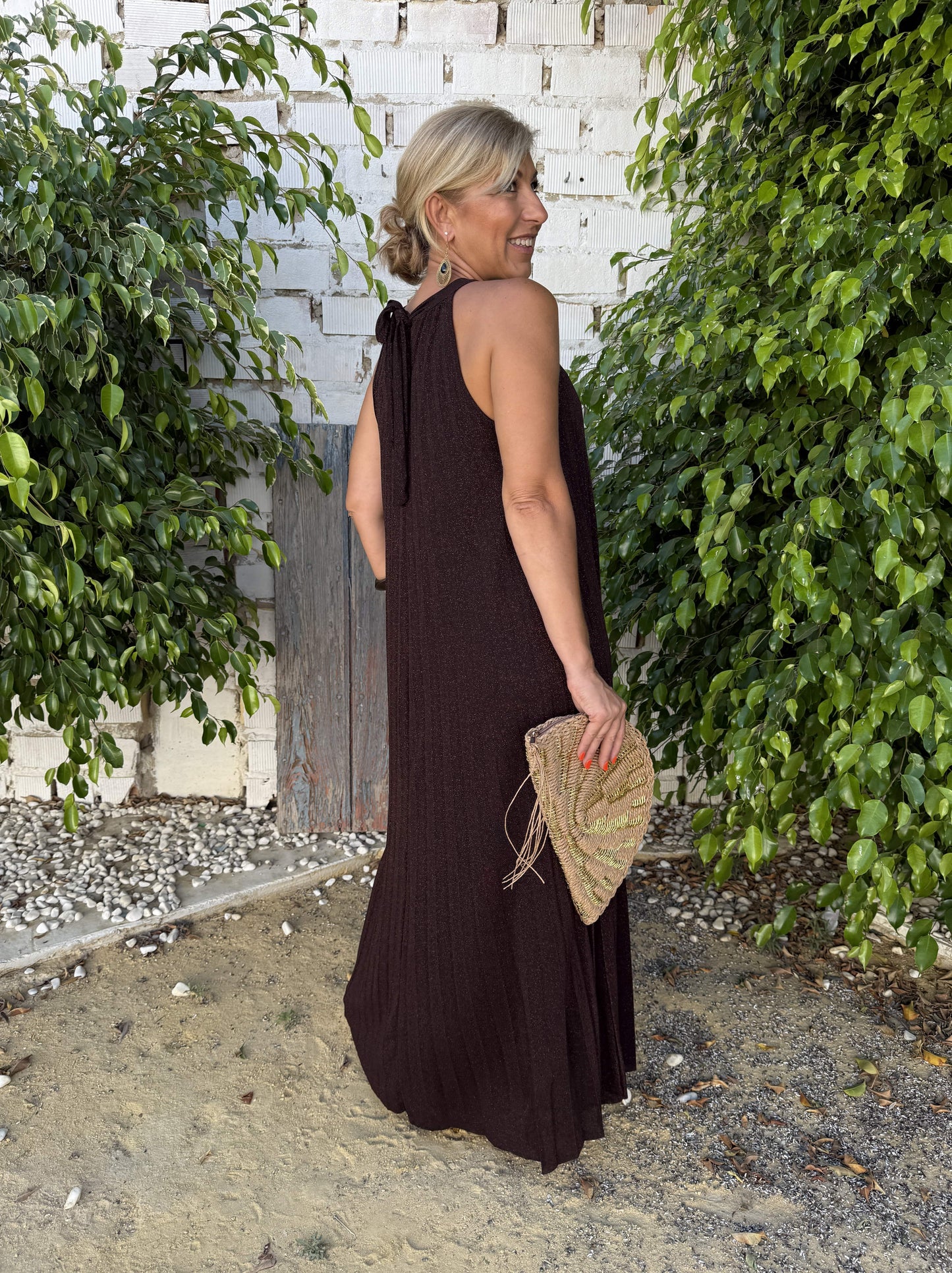 VESTIDO HALTER PLISADO BRILLO
