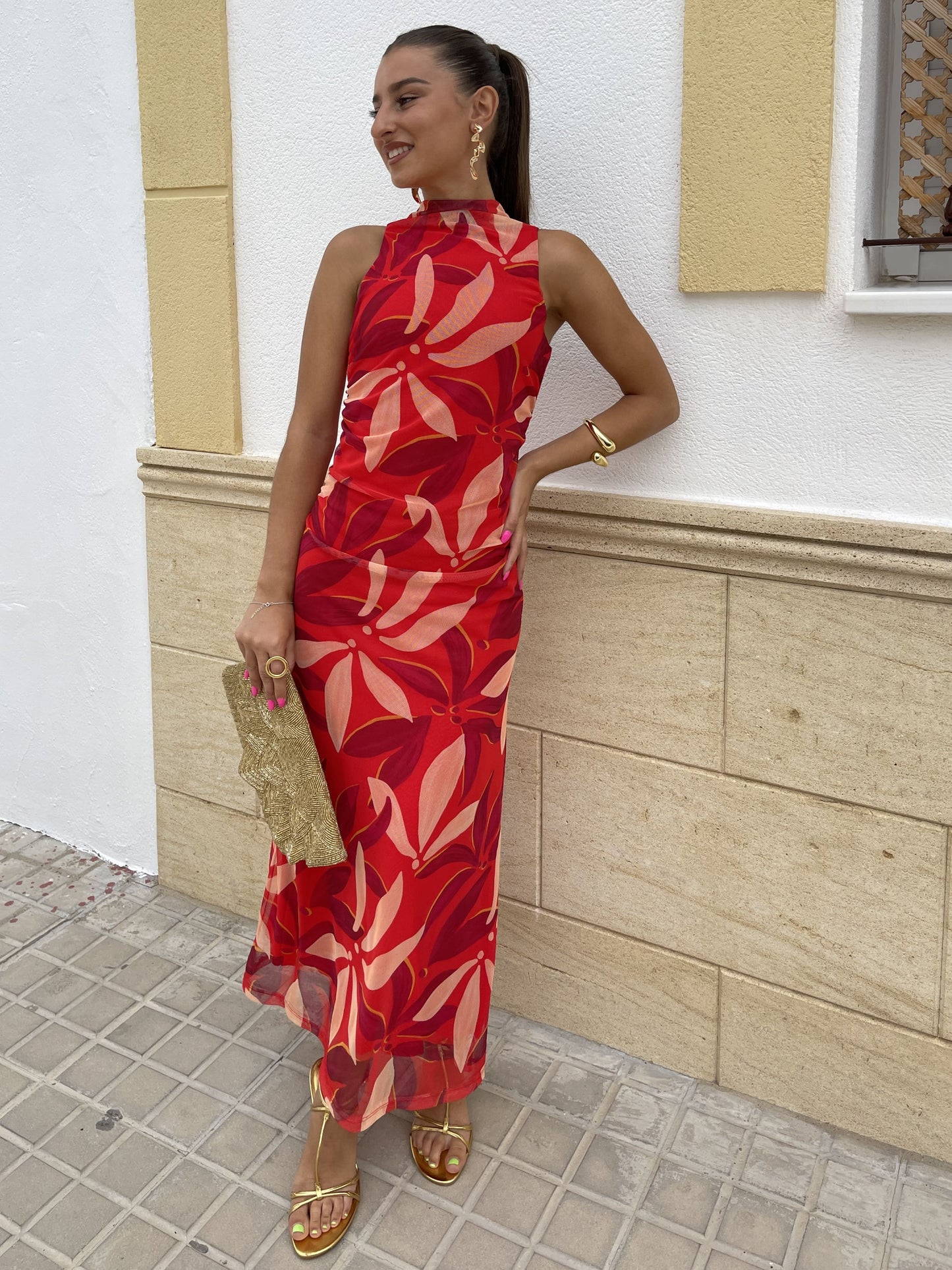 PRINTED DRESS WITH GATHERED TULLE