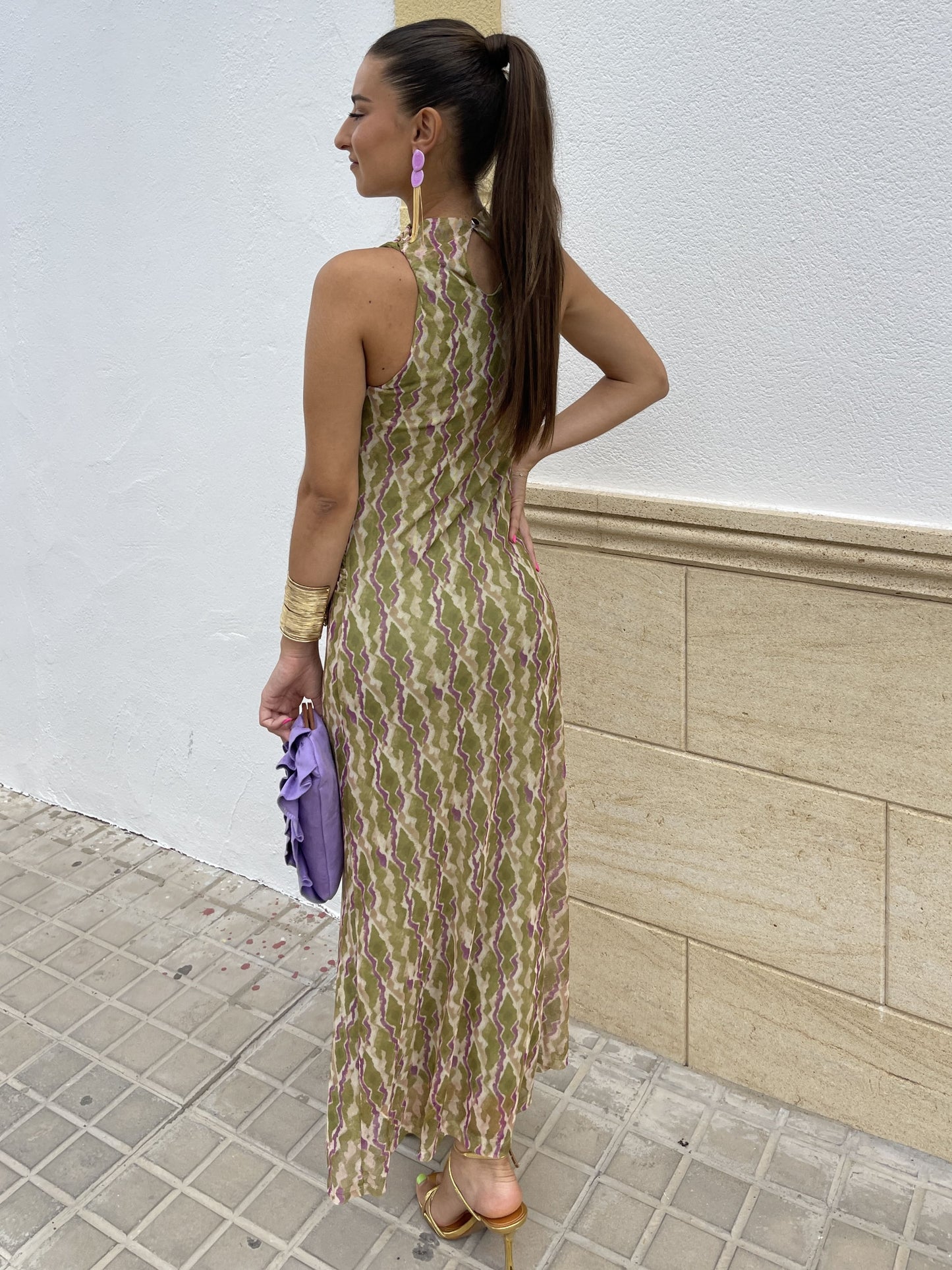PRINTED DRESS WITH GATHERED TULLE