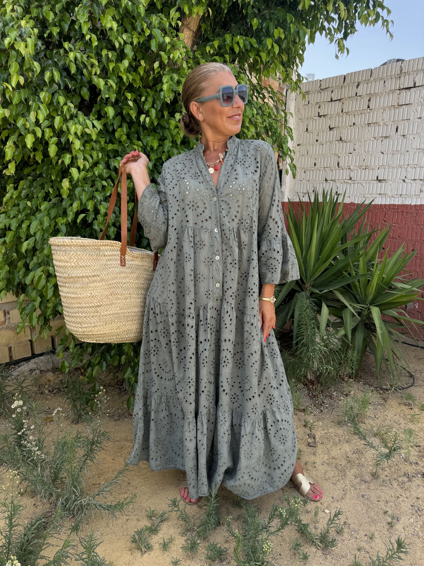 LONG PERFORATED FABRIC SHIRT DRESS