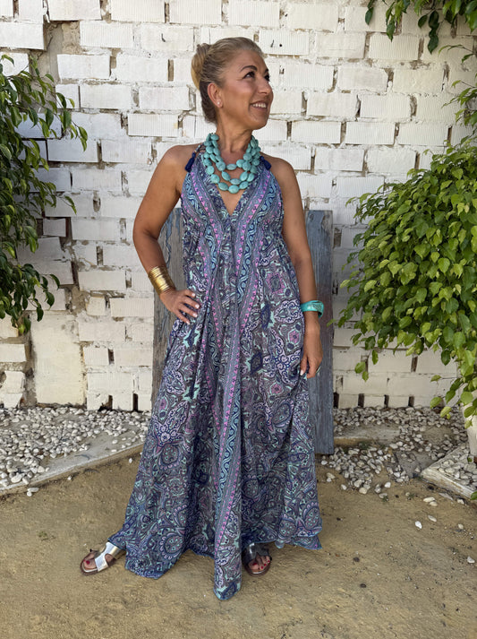 VESTIDO LARGO SEDA AZUL