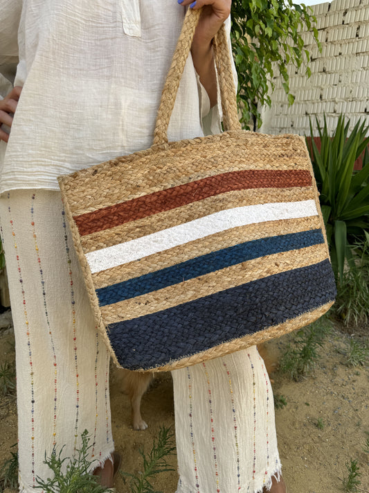 BLUE AND BROWN STRIPED ESPARTO BASKET